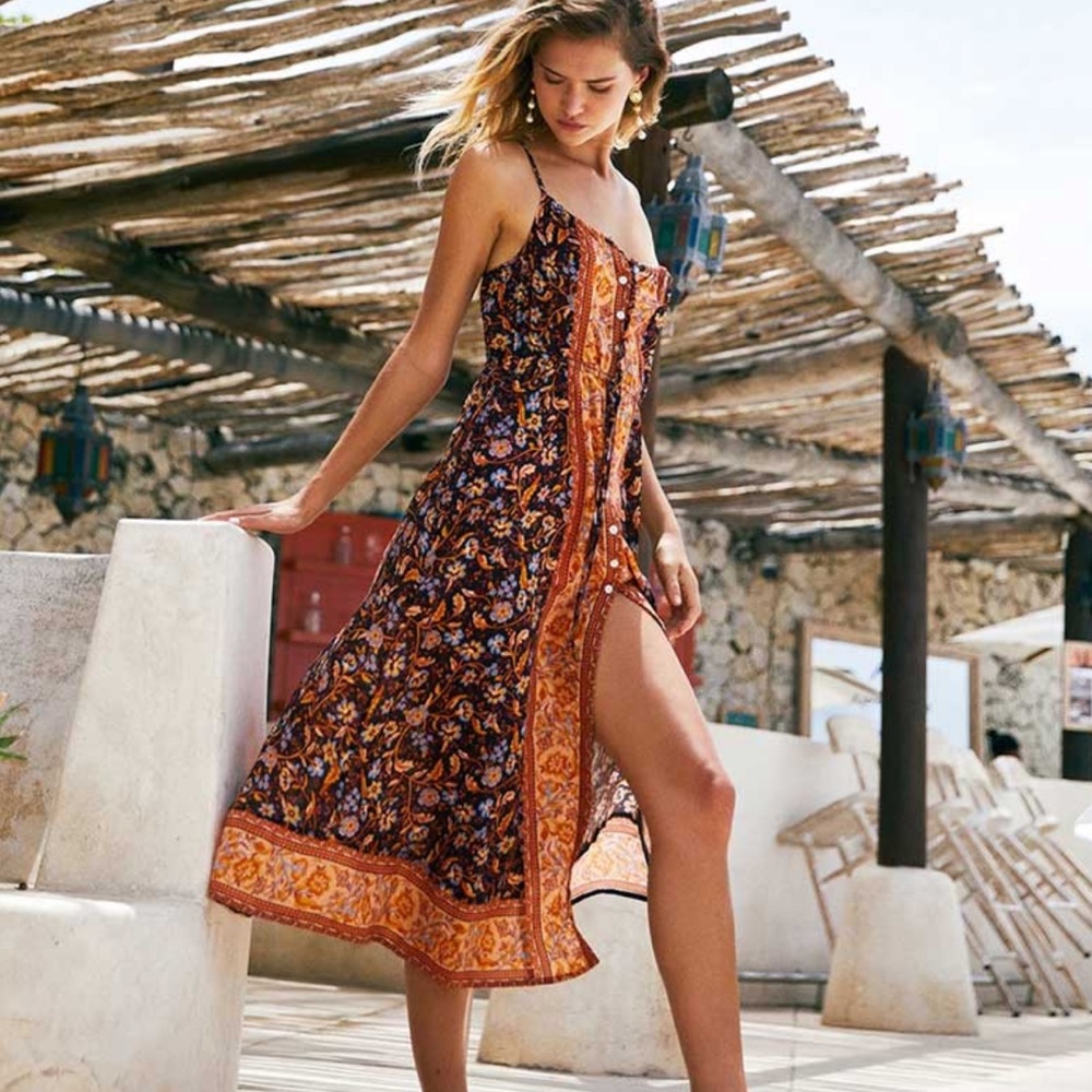 Gypsy Boho Floral ButtonUp Midi Dress Black Orange - Picture 2 of 8